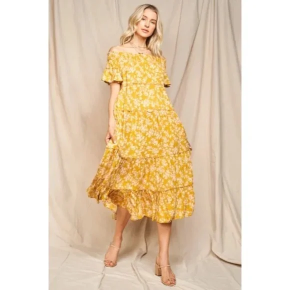 Moss Yellow Floral Flowly Bohemian Tiered Off The Shoulder Casual Maxi Dress - Picture 3 of 6